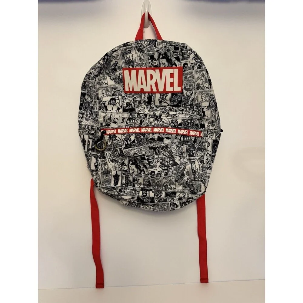 Marvel comic book pattern backpack -white&blk With Red Trim